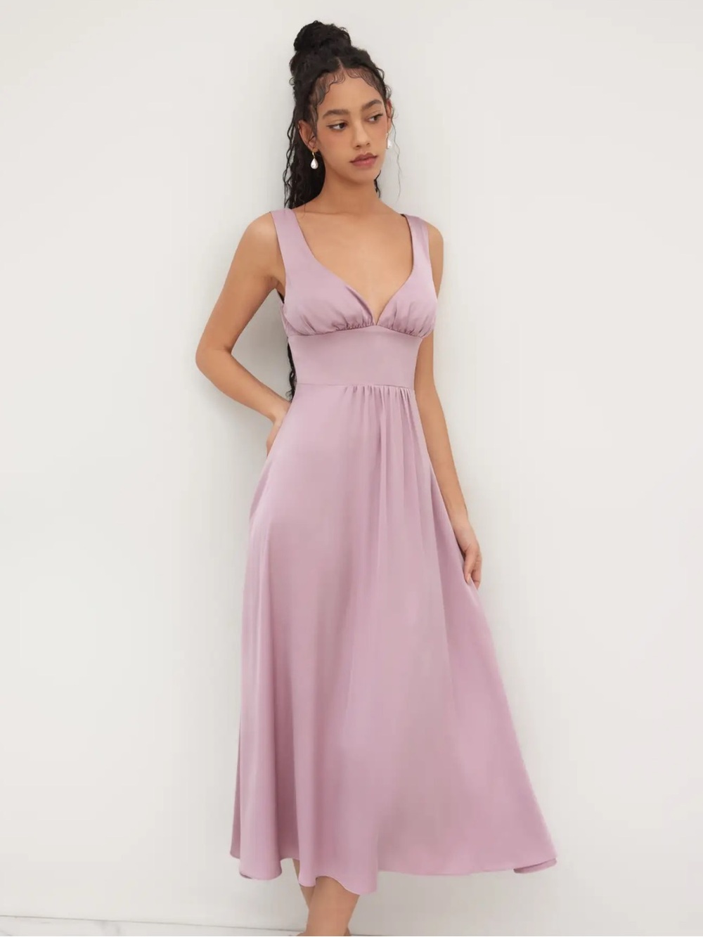 NWT CIDER SATIN V-NECK SOLID RUFFLE ZIPPER MAXI DRESS
